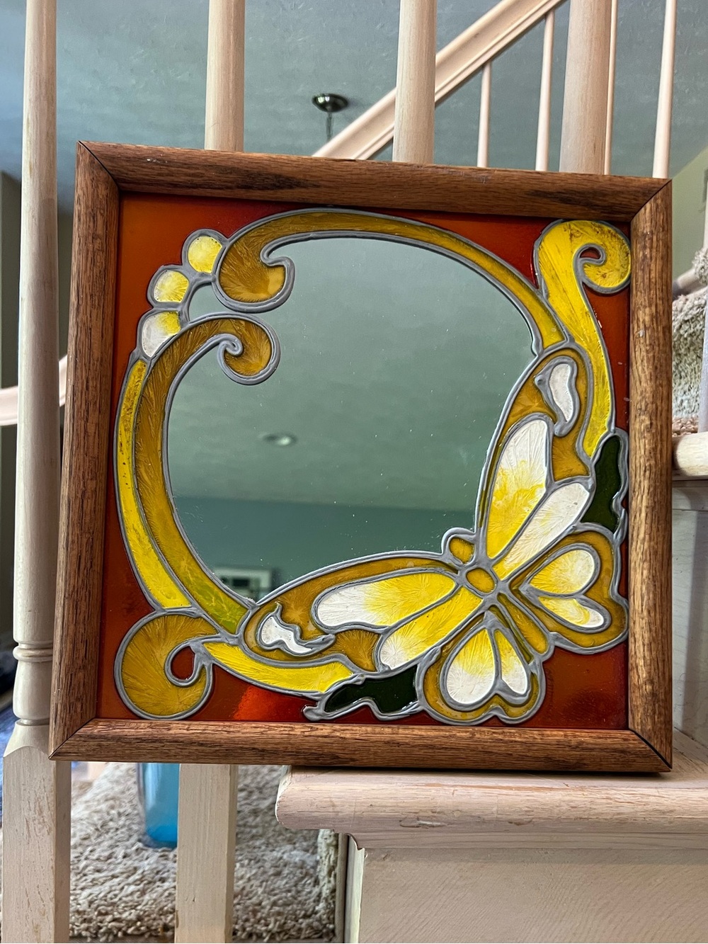 Vintage soldered painting on mirror with wood frame